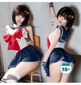 FEE ET MOI - Schoolgirl Style Butterfly Open-Crotch Lingerie Set (Blue - White)
